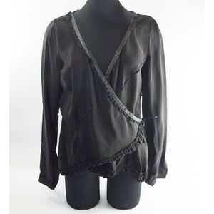 Trussardi Black Ruffle Silk Blend Wrap Blouse XL